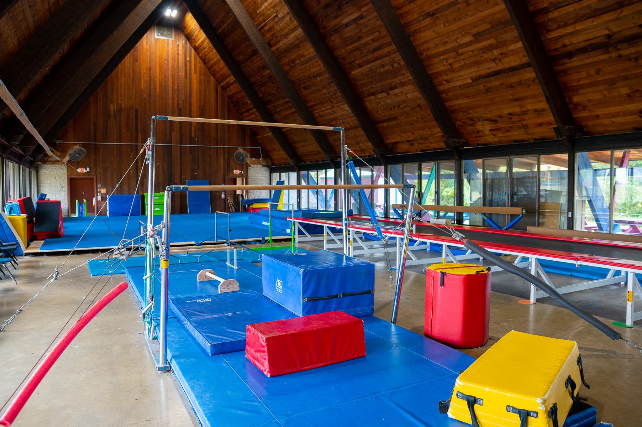 Gymnastics bars, beam, and vault in the Lodge at the Powel Crosley Jr. YMCA